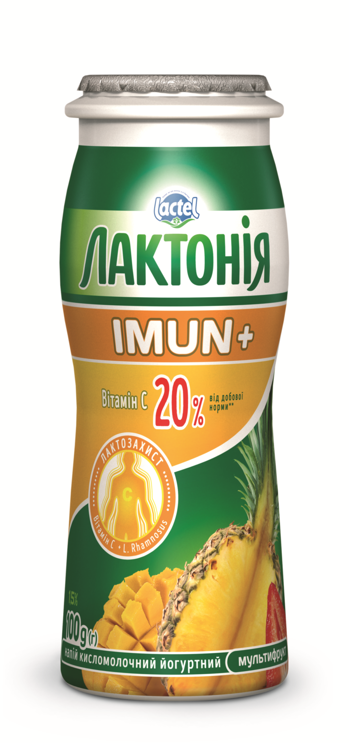 Напій кисломолочний йогуртний з вітаміном С та прбіотиком L.Rhamnosus Мультифрукт 1,5% «Лактонія Імун+»