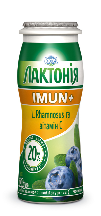 Напій кисломолочний йогуртний, збагачений пробіотиком L.Rhamnosus та вітаміном С Чорниця 1,5% «Лактонія» «Імун+»
