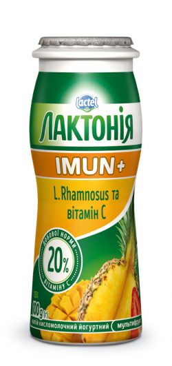 Напій кисломолочний йогуртний, збагачений пробіотиком L.Rhamnosus та вітаміном С Мультифрукт 1,5% «Лактонія» «Імун+»