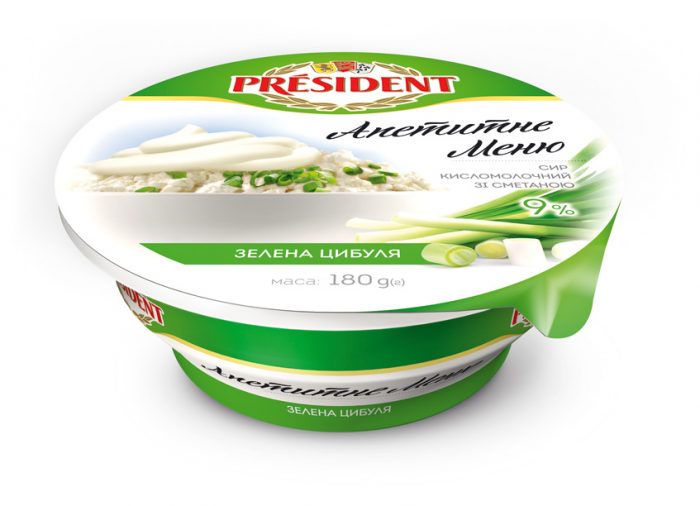 Сир кисломолочний 9% Президент зі сметаною та зеленою цибулею