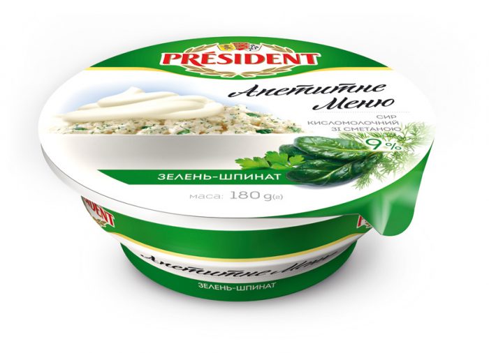 Curd with sour cream and greens-spinach 9% President