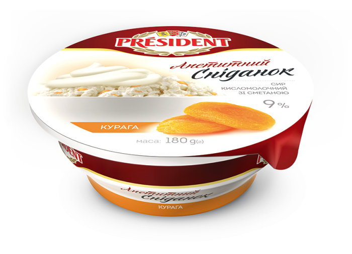 Сир кисломолочний 9% Президент зі сметаною та курагою